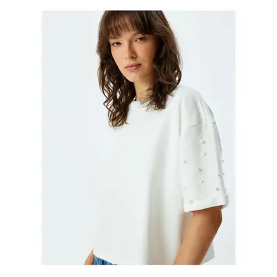 Koton Three Thread Non-raising Crew Neck Pearl Embroidery Detail Short sleeve T-shirt