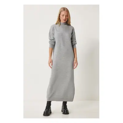 Happiness İstanbul Women's Gray Melange Turtleneck Long Knit Dress