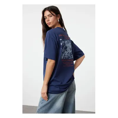 Trendyol Navy Blue 100% Cotton Front and Back Printed Oversize/Relaxed Cut Knitted T-Shirt