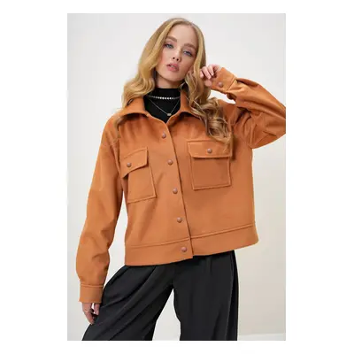 Trend Alaçatı Stili Women's Tan Lined Double Pocket Cashmere Jacket