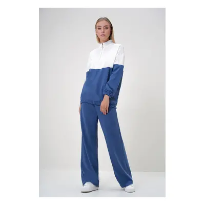 Trend Alaçatı Stili Women's Indigo Stand Collar Zippered Color Block Two Thread Top-Bottom Set