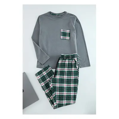 Trendyol Men's Grey-Green Plaid Patterned Woven Pajama Set