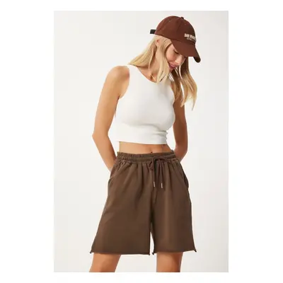 Happiness İstanbul Women's Brown Washed Knitted Tracksuit Shorts