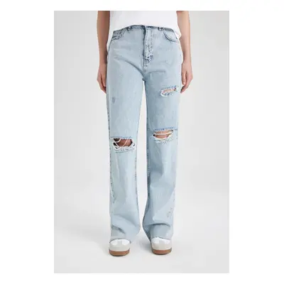 DEFACTO 90's Wide Leg Ripped Detailed High Waist Leg Tip Cut Down Long Jean Washer Pants