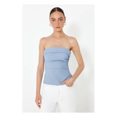 Trendyol Light Blue Strapless Fitted Draped Woven Blouse