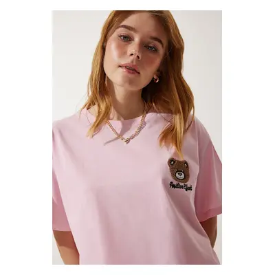 Happiness İstanbul Women's Light Pink Teddy Bear Crest Crop Knitted T-Shirt