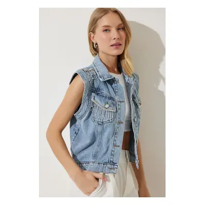 Happiness İstanbul Women's Blue Stylish Chain Denim Vest