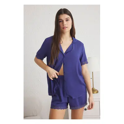 Trendyol Indigo Plain Lace Shally Woven Pajama Set