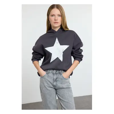 Trendyol Anthracite Thick Polar Fleece Star Printed Hooded Knitted Sweatshirt