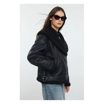 Trendyol Black Plush Detailed Faux Leather Biker Jacket Coat