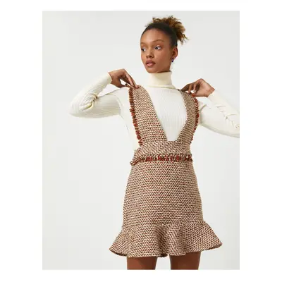 Koton Tweed Slip-On Dress Gilet With Frills Thick Straps Patterned