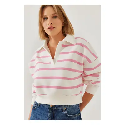 Bianco Lucci Women's Polo Neck Three Thread Raised Stripe Sweatshirt