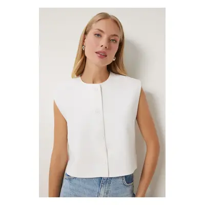 Happiness İstanbul Women's White Buttoned Crop Woven Vest