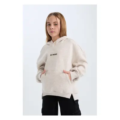 DEFACTO Girl Oversize Wide Pattern Hooded Printed Soft Furry Thick Sweatshirt