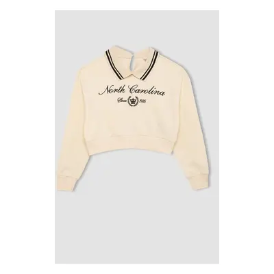 DEFACTO Girl Ecru Relax Fit Polo Neck Slogan Printed Sweatshirt