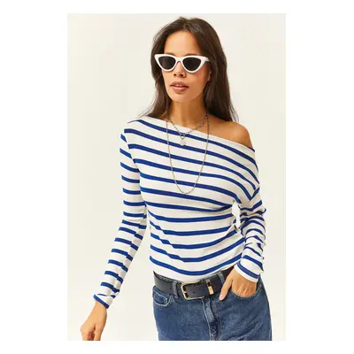 Olalook Women's Saxe Blue Striped Premium Soft Touch Boat Neck Flexible Blouse