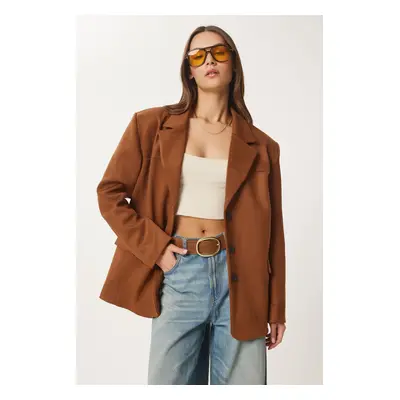 Happiness İstanbul Women's Tan Premium Suede Blazer Jacket