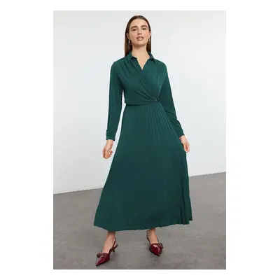 Trendyol Emerald Green Double Breasted Pleated Accessory Detailed Knitted Dress