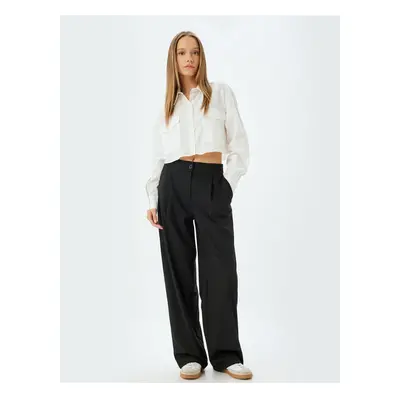 Koton Wide Leg Trousers with Pleated Buttons and Stripe Detail and Pockets