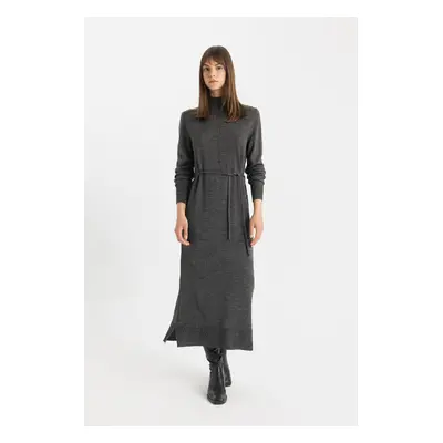 DEFACTO Regular Fit Half Turtleneck Basic Plain Slit Long Sleeve Maxi Knit Dress