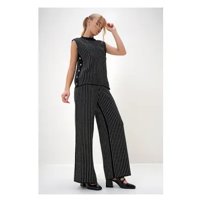 Trend Alaçatı Stili Women's Black Half Turtleneck Side Buttoned Blouse and Palazzo Pants Set