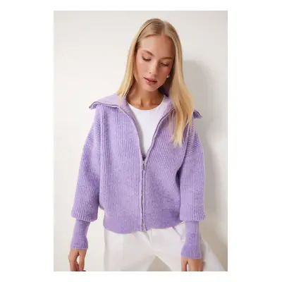 Happiness İstanbul Women's Lilac Zippered Collar Knitwear Cardigan