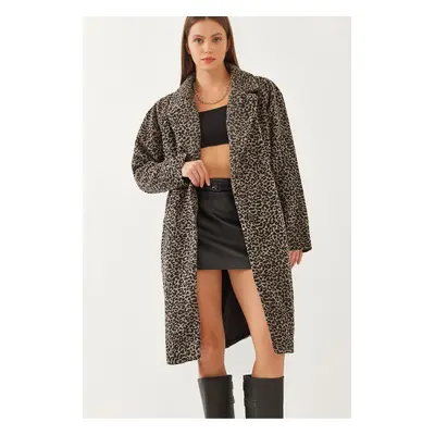 Bianco Lucci Women's Leopard Patterned Double Breasted Cashmere Coat