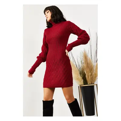 Olalook Women's Burgundy Sleeve and Skirt Textured Knitwear Dress