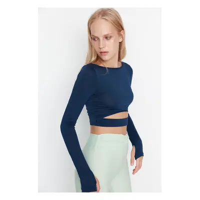 Trendyol Dark Navy Blue Crop Window/Cut Out and Thumb Hole Detail Knitted Sports Top/Blouse