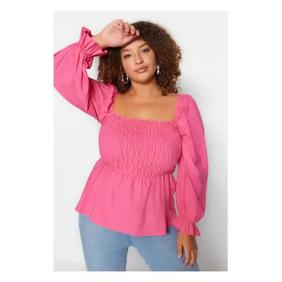 Trendyol Curve Pink Heart Collar Woven Blouse