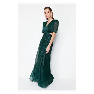 Trendyol Green A-Line Cut Out/Window Detail Glitter Knit Elegant Evening Dress & Graduation Dres