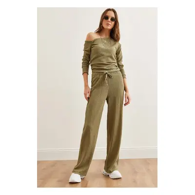 Olalook Women's Khaki Top Boat Neck Blouse Bottom Palazzo Trousers Set Tkm