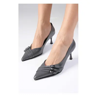 Mio Gusto Shirley Gray Color Patent Leather Pointed Toe Buckle Accessory Heeled Shoes