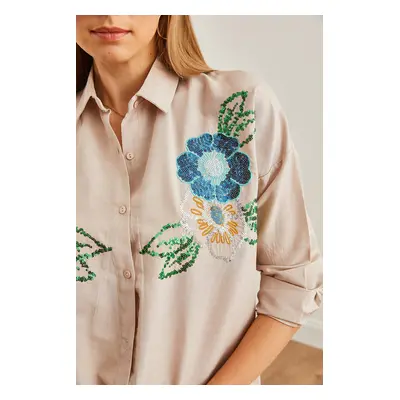 Olalook Women's Flower Stone Palm Tree Sequin Detailed Woven Shirt