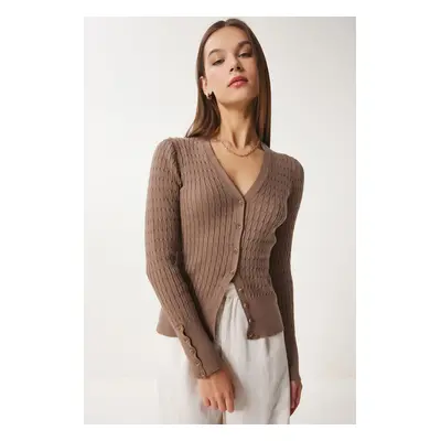 Happiness İstanbul Women's Mink Thessaloniki Knit Detail Wrap Knitwear Cardigan