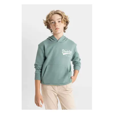 DEFACTO Boy Green Text Printed Pocket Hooded School Sweatshirt