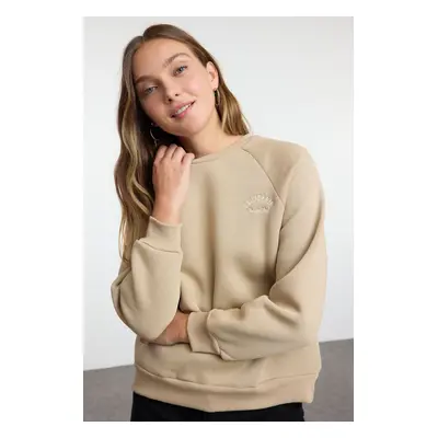 Trendyol Mink Slogan Embroidered Oversize/Wide Fit Thick Inside Fleece Knitted Sweatshirt