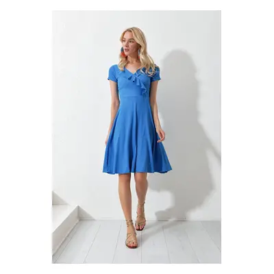 Trend Alaçatı Stili Women's Blue V-Neck Frilly Midi Length Knitted Dress