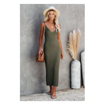 Madmext Khaki V Neck Strappy Knitwear Long Dress