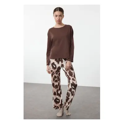 Trendyol Brown 100% Cotton Leopard Print Knitted Pajamas Set