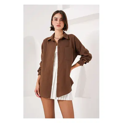 Bigdart Single Pocket Oversize Linen Shirt - Light Brown