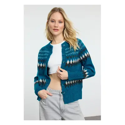 Trendyol Blue Soft Textured Geometric Patterned Knitwear Cardigan