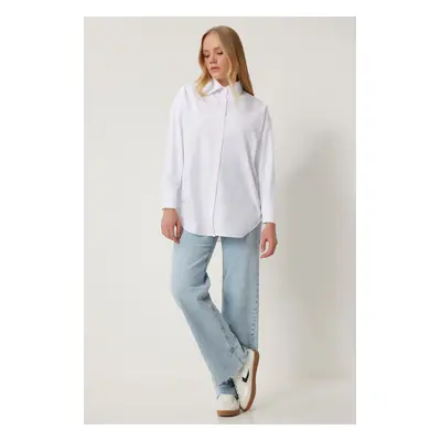 Happiness İstanbul Women's White Cotton Oversize Long Shirt