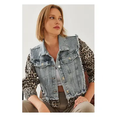 Bianco Lucci Women's Leopard Piece Denim Jacket