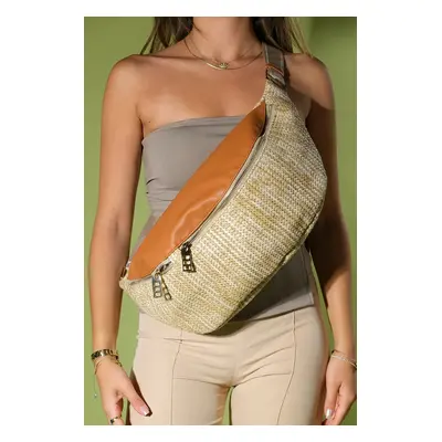 LuviShoes VENTA Beige-Tan Brown Straw Women&#39;s Large Waist Bag