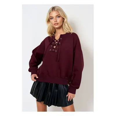 Trend Alaçatı Stili Women's Burgundy Lace-Up Front Oversize Sweatshirt