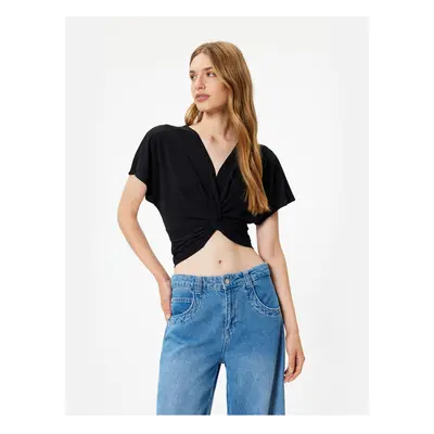 Koton Crop Blouse Knot Detailed V-Neck Short Bat Sleeve