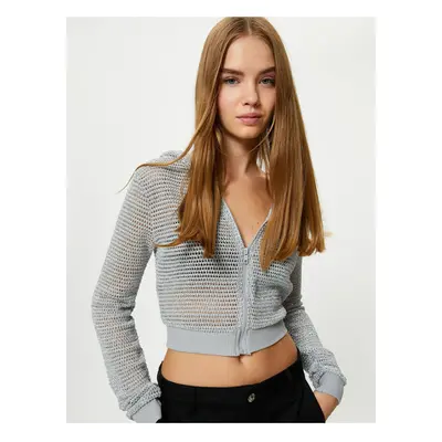 Koton Crop Mesh Hooded Zipper Sweatshirt Silvery Slim Fit