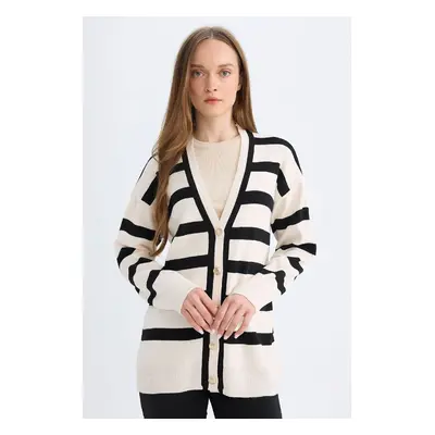 DEFACTO Regular Fit V Neck Striped Button-Down Tunic Knitwear Cardigan