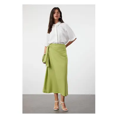 Trendyol Oil Green Double Breasted Tie Detailed Woven Linen Look Skirt